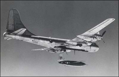 A Bell X-1 drops from a B-29 in the 1940s.